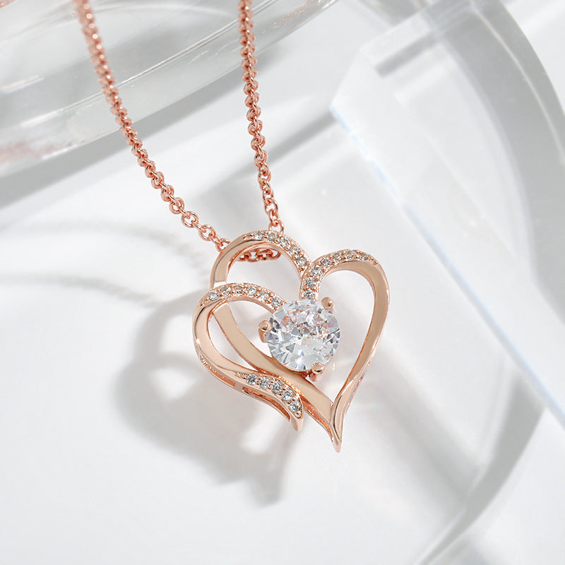 Elegant Heart-Shaped Zircon Necklace – Rhinestone Clavicle Chain in White & Rose Gold for Women – Perfect Valentine's Gift