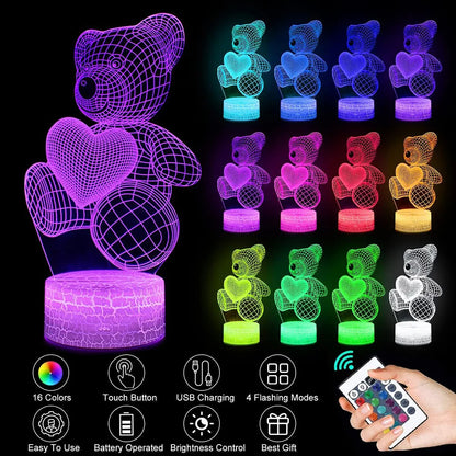 3D Teddy Bear Lamp - Color-Changing LED Night Light for Home Decor and Gifts