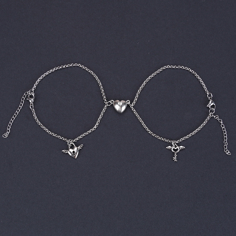 Romantic Titanium Steel Couple Bracelets with Heart Lock and Sun Moon Pendants