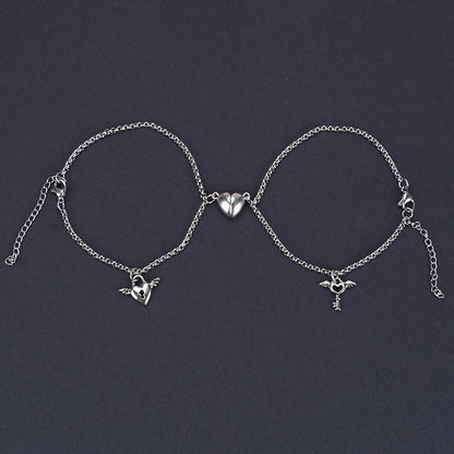 Romantic Titanium Steel Couple Bracelets with Heart Lock and Sun Moon Pendants