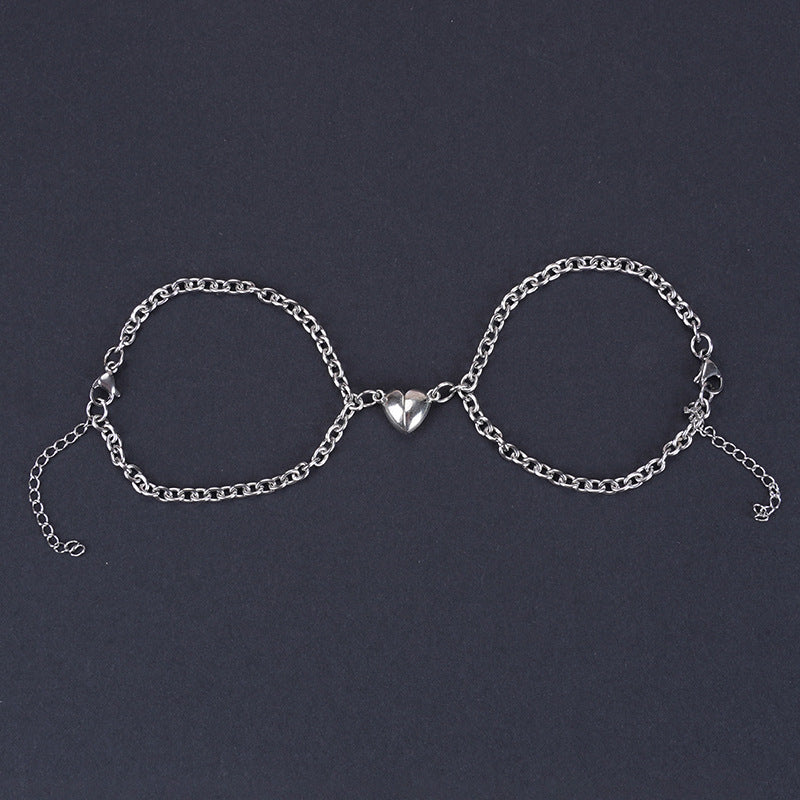 Romantic Titanium Steel Couple Bracelets with Heart Lock and Sun Moon Pendants