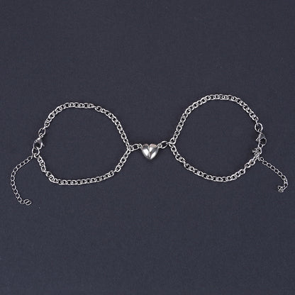 Romantic Titanium Steel Couple Bracelets with Heart Lock and Sun Moon Pendants