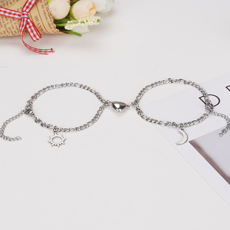 Romantic Titanium Steel Couple Bracelets with Heart Lock and Sun Moon Pendants