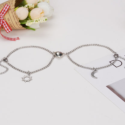 Romantic Titanium Steel Couple Bracelets with Heart Lock and Sun Moon Pendants