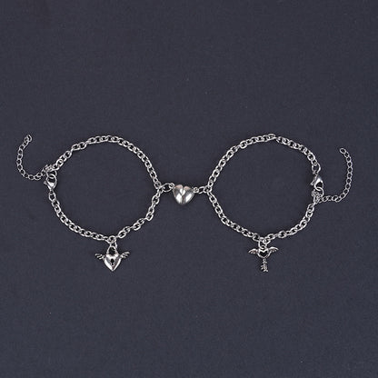 Romantic Titanium Steel Couple Bracelets with Heart Lock and Sun Moon Pendants