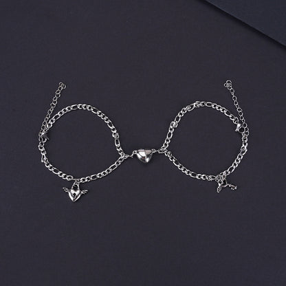 Romantic Titanium Steel Couple Bracelets with Heart Lock and Sun Moon Pendants