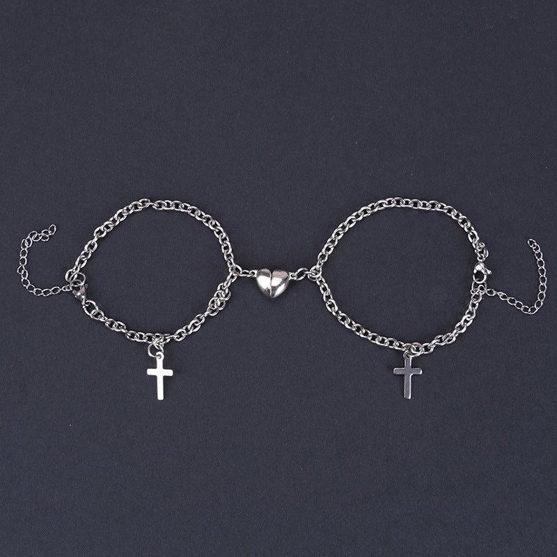 Romantic Titanium Steel Couple Bracelets with Heart Lock and Sun Moon Pendants