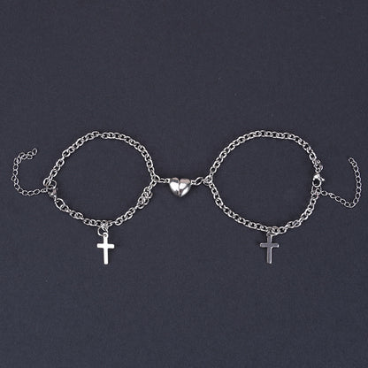 Romantic Titanium Steel Couple Bracelets with Heart Lock and Sun Moon Pendants